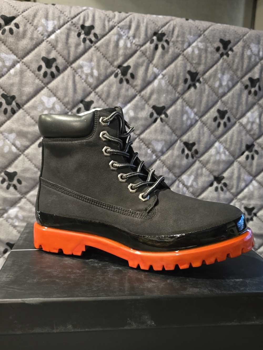 Men's Black Suede Hiking Boot with Red Lug Sole